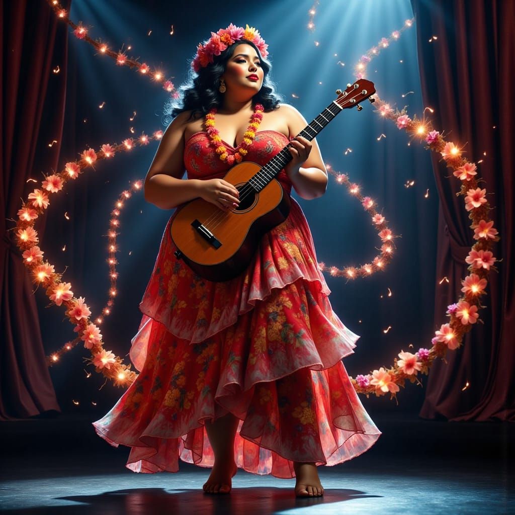 Vibrant Hawaiian Woman Plays Ukulele in Tropical Sunset Hues