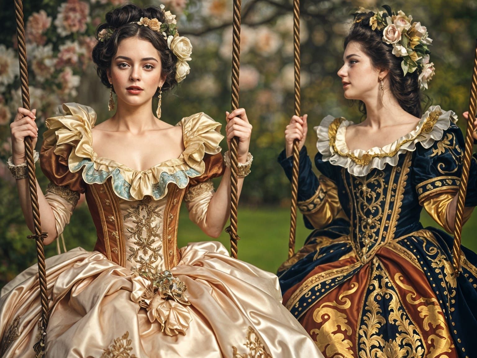 Rococo Ladies Swinging in a Lush Garden