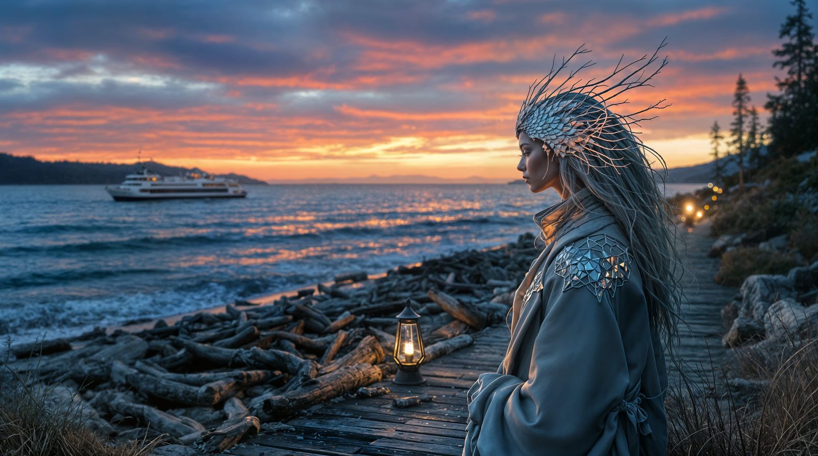 Selkie in Sunset Cityscape