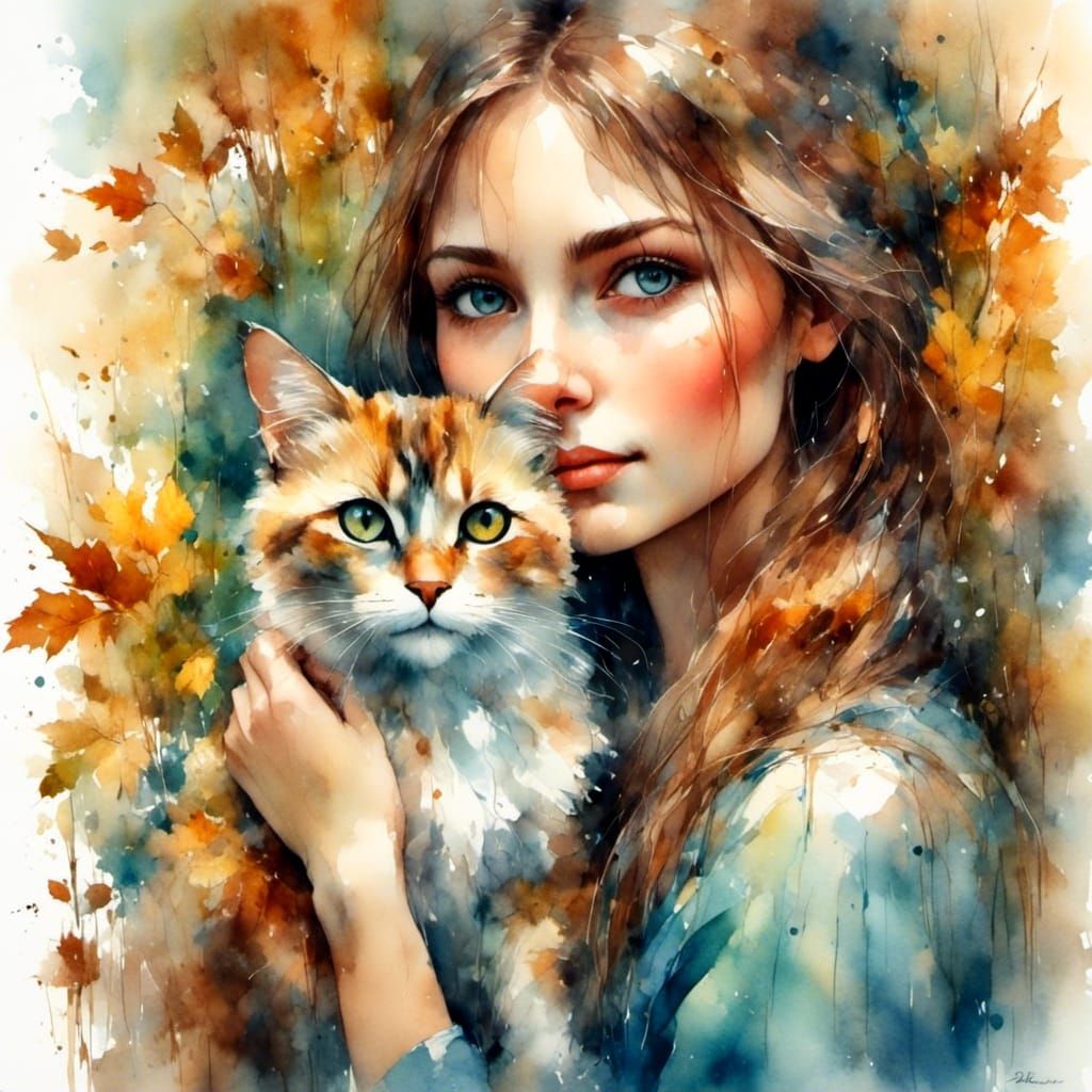 Young Woman Smiling in Autumn with Cat