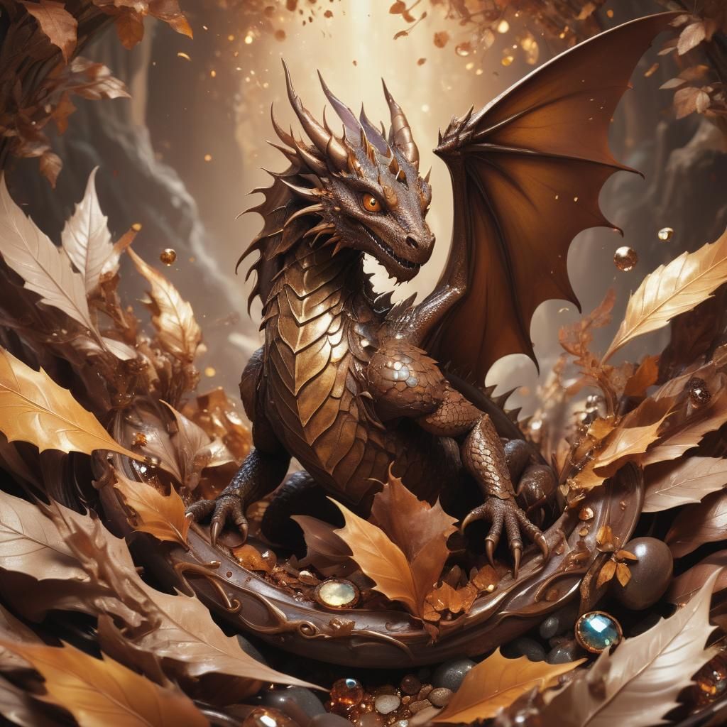 Brown Dragon Amidst Gemstone Whirlwind in Iridescent Hues
