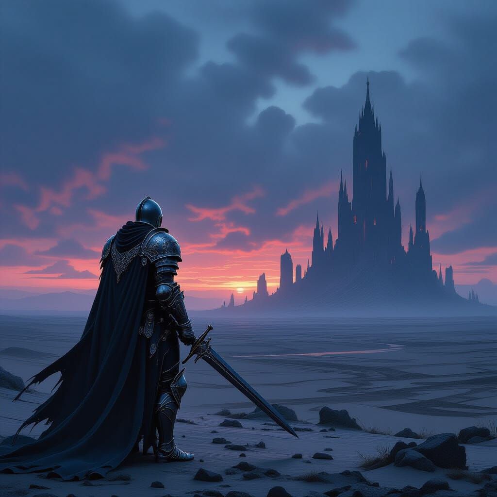 Knight in Gothic Armor on Desolate Plain