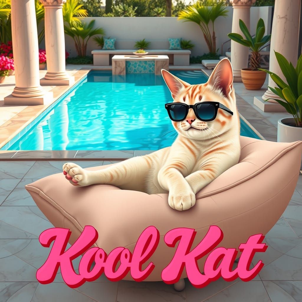 A sleek, short-haired light beige cat with a charming smile, adorned in trendy black sunglasses, lounges elegantly on th...