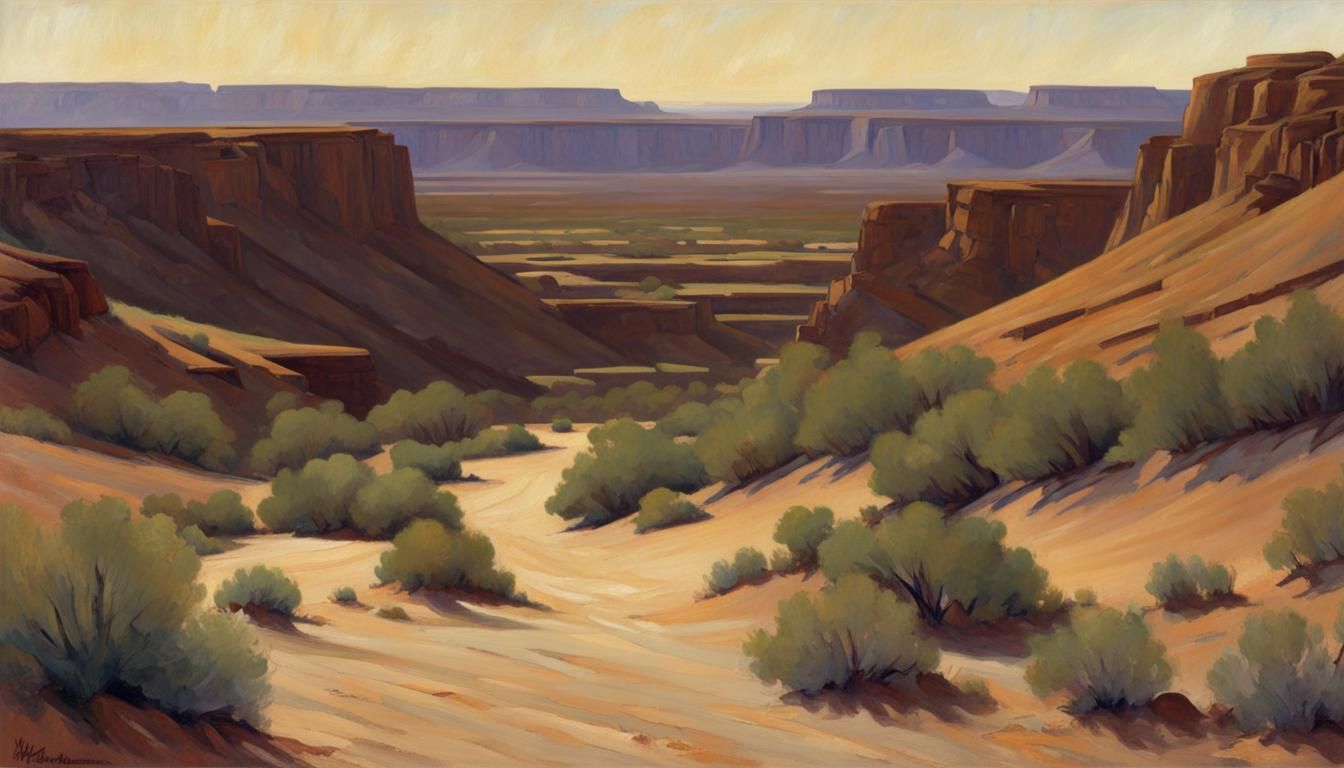 16k resolution, art by Edward Hopper, Maynard Dixon, serene desert canyon landscape, dusk lighting, elongated shadows, s...