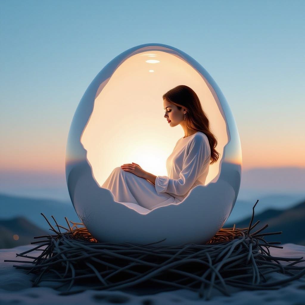 Woman Inside Glass Egg at Dawn in Abstract Style