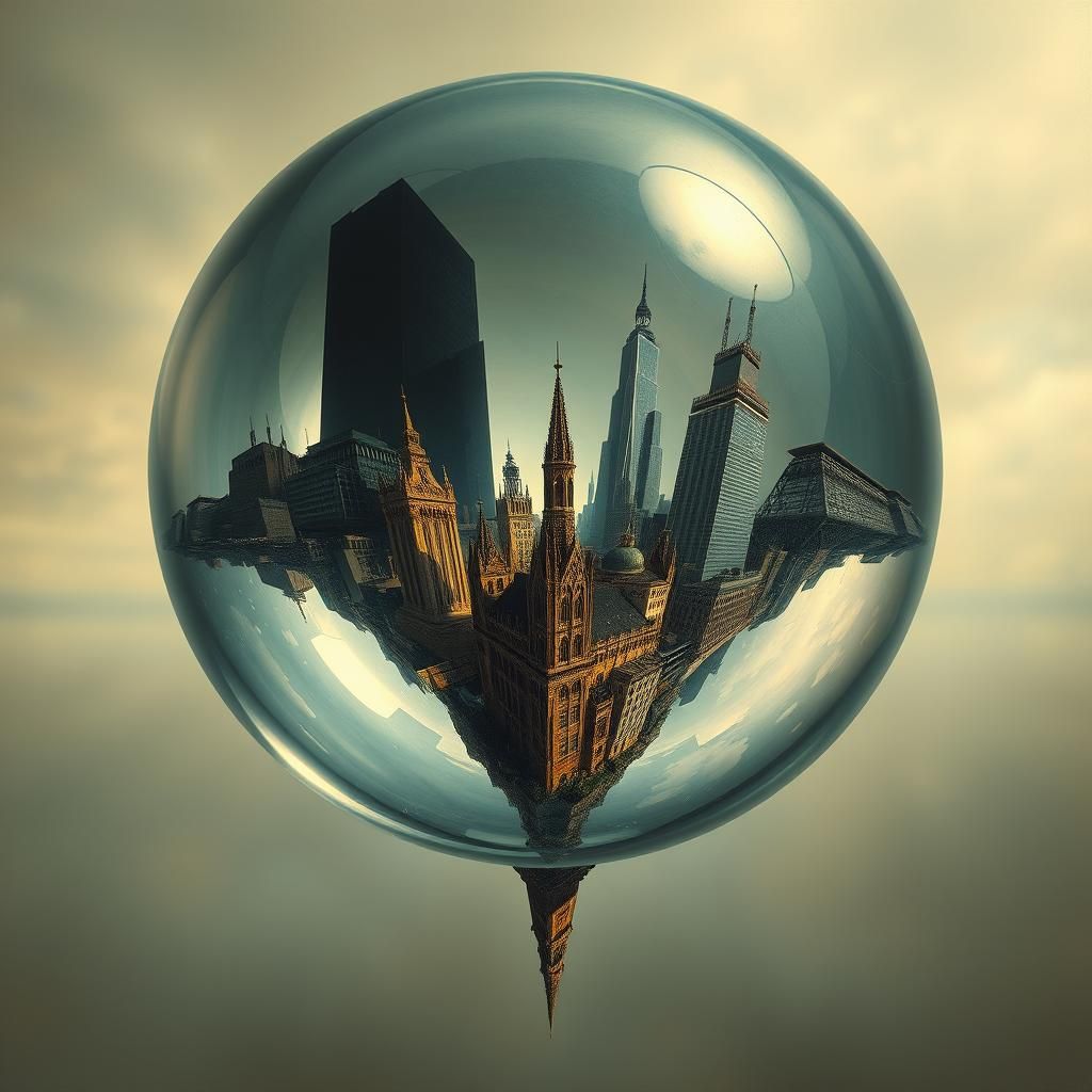 Surreal Cityscape Inside Glowing Glass Orb