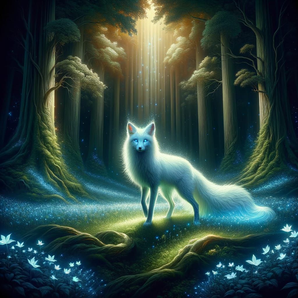 Mystical Fox Portrait in Ethereal Forest Clearing