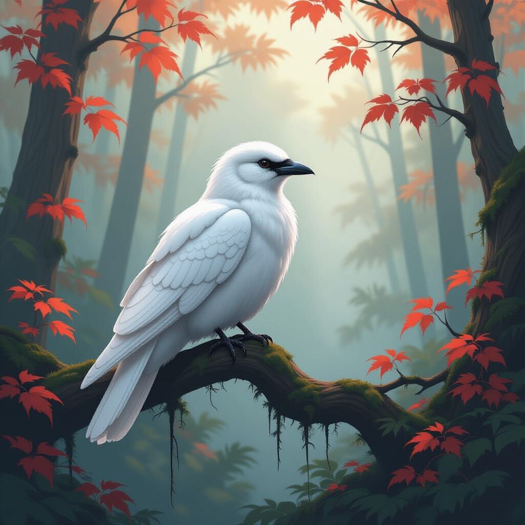 White Crow in Misty Forest, Digital Art