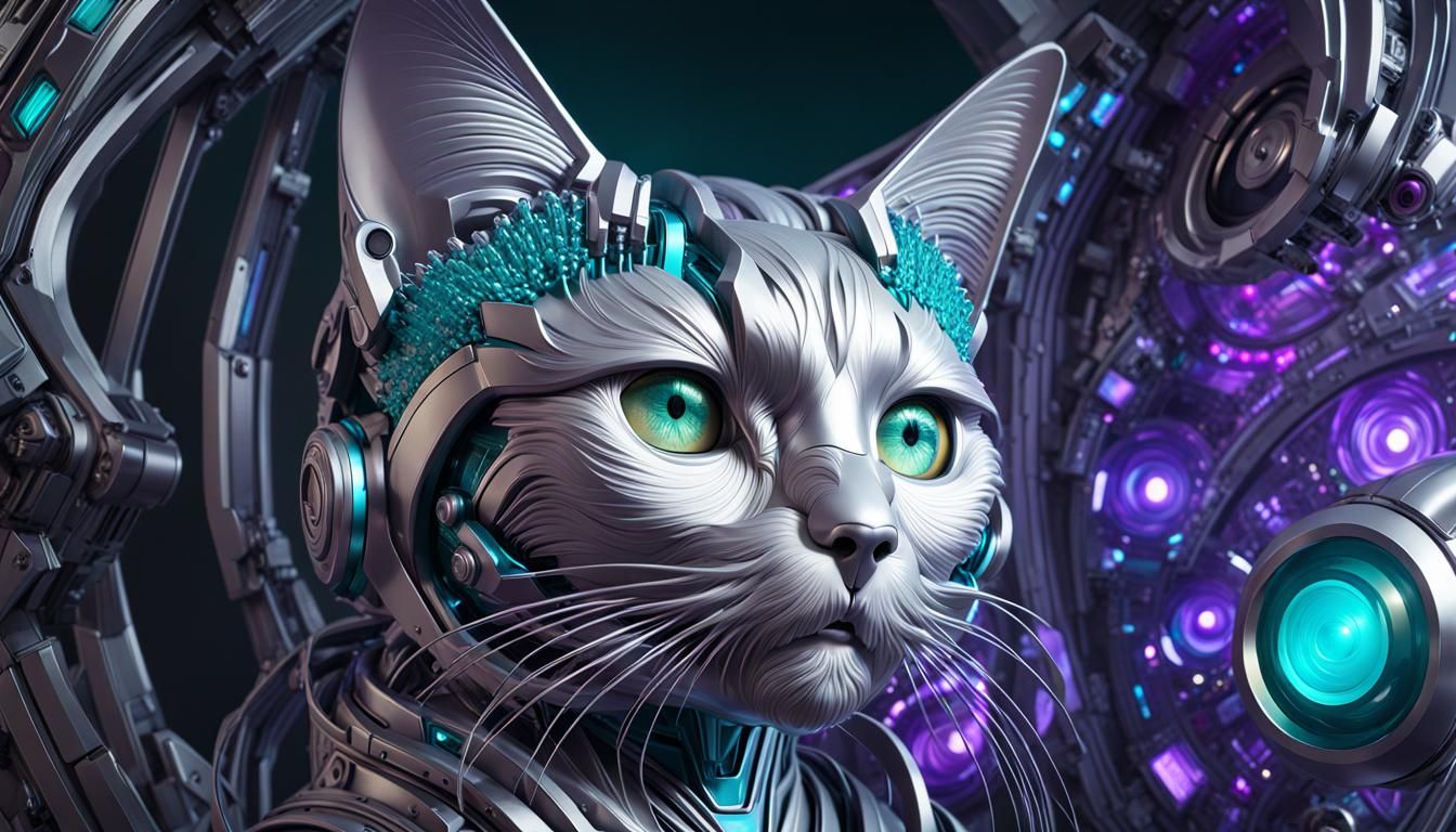 Hyperdetailed Retro Sci-Fi Robot Kitty Portrait in Triadic C...