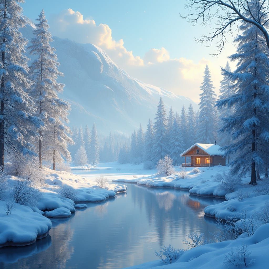 Winter Wonderland Scene with Snowy Forest and Frozen Lake