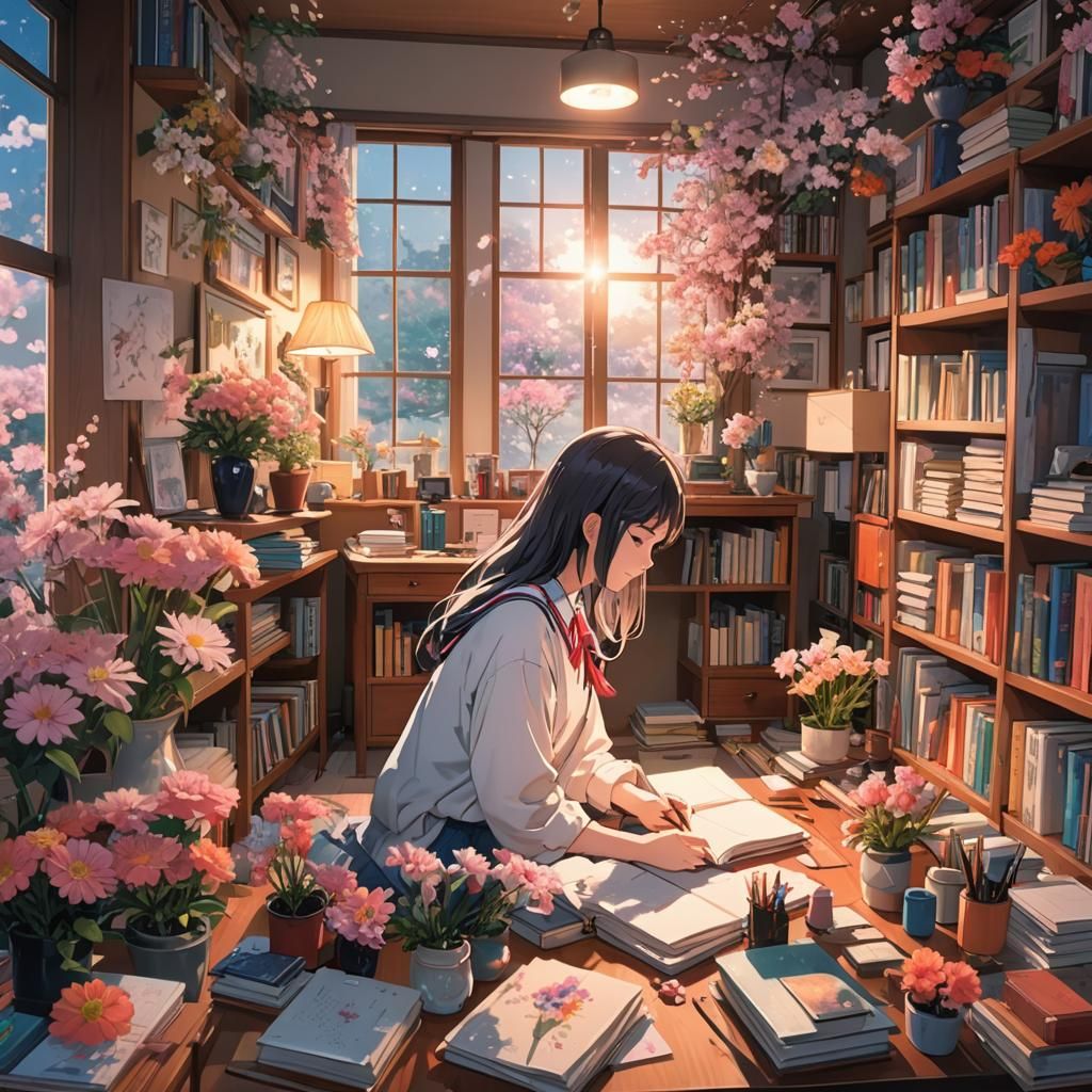 Vibrant Japanese Anime Girl in Whimsical Room