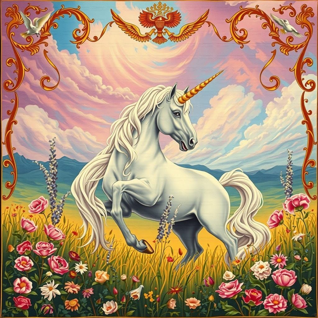 Medieval Unicorn Tapestry in Vibrant Floral Fields