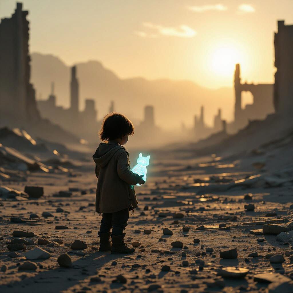 Child With Holographic Pet in Post-Apocalyptic Ruins
