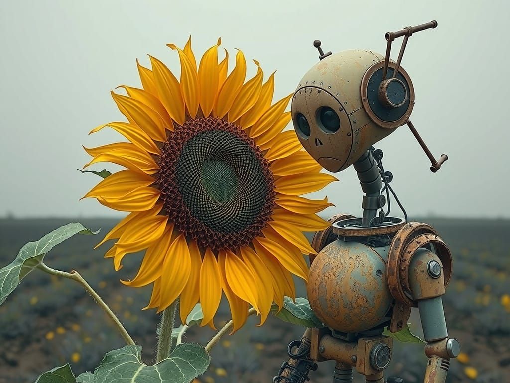 Sad Android Contemplates Perfect Sunflower in Desolate Lands...