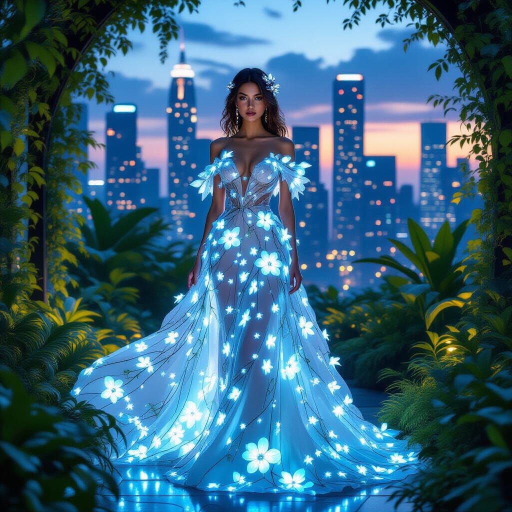 Woman in Bioluminescent Gown in Futuristic Garden