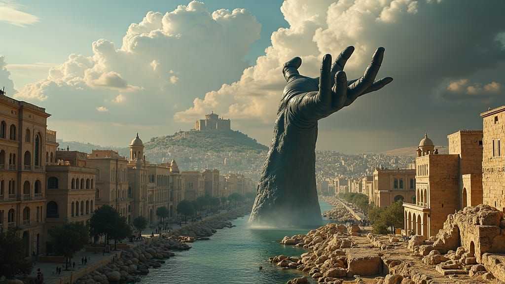 Surreal Amman Cityscape with Rising Hand