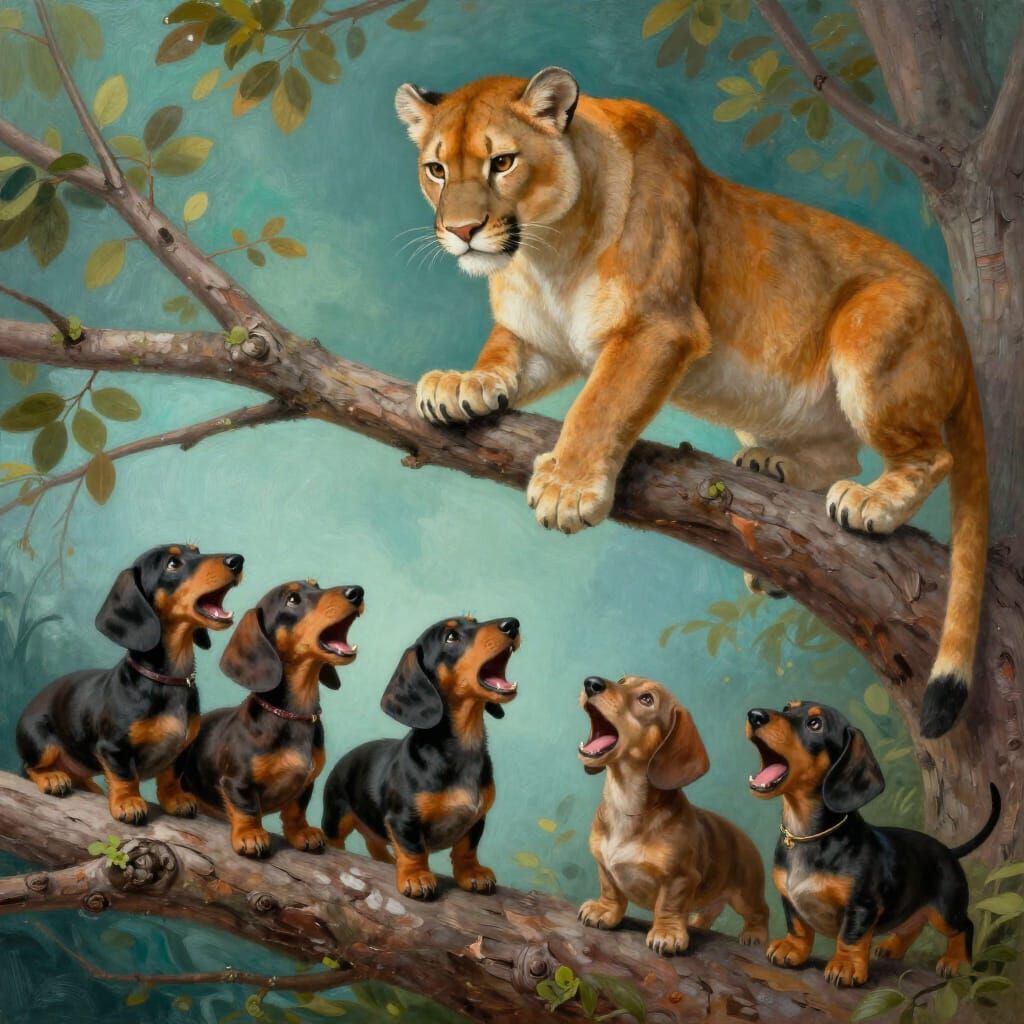 Dachshund Puppies Bark at Mountain Lion in Whimsical Style