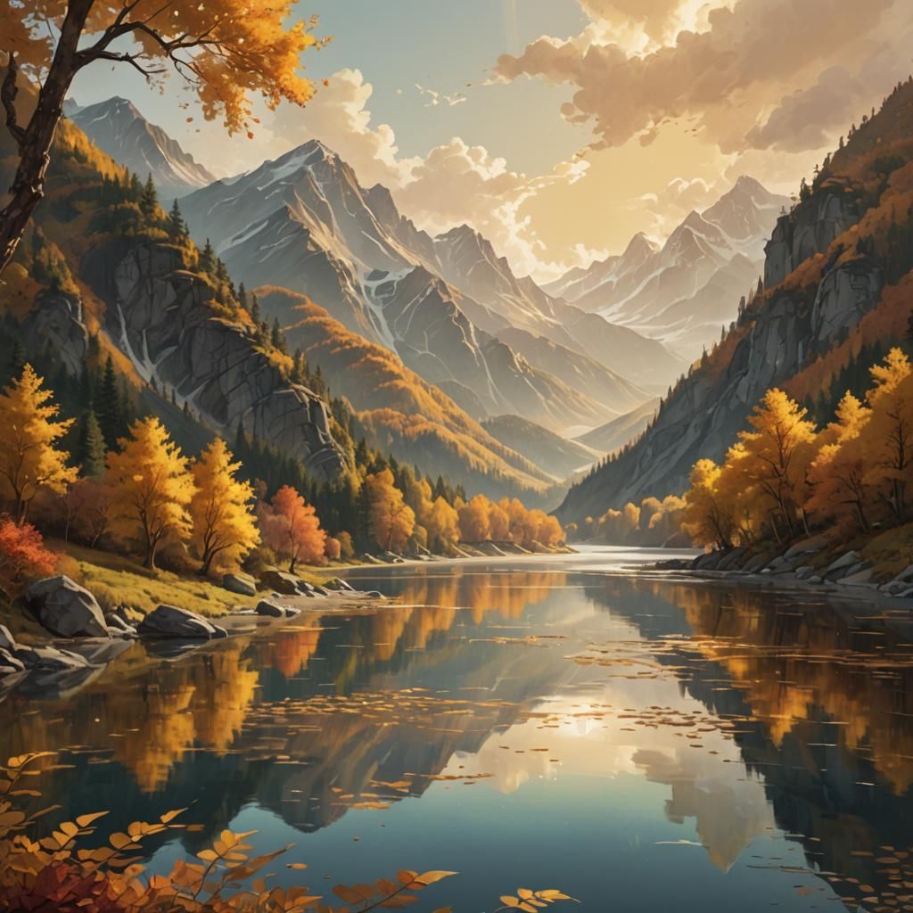 Hyperrealistic Autumn River Scene with Majestic Mountains an...
