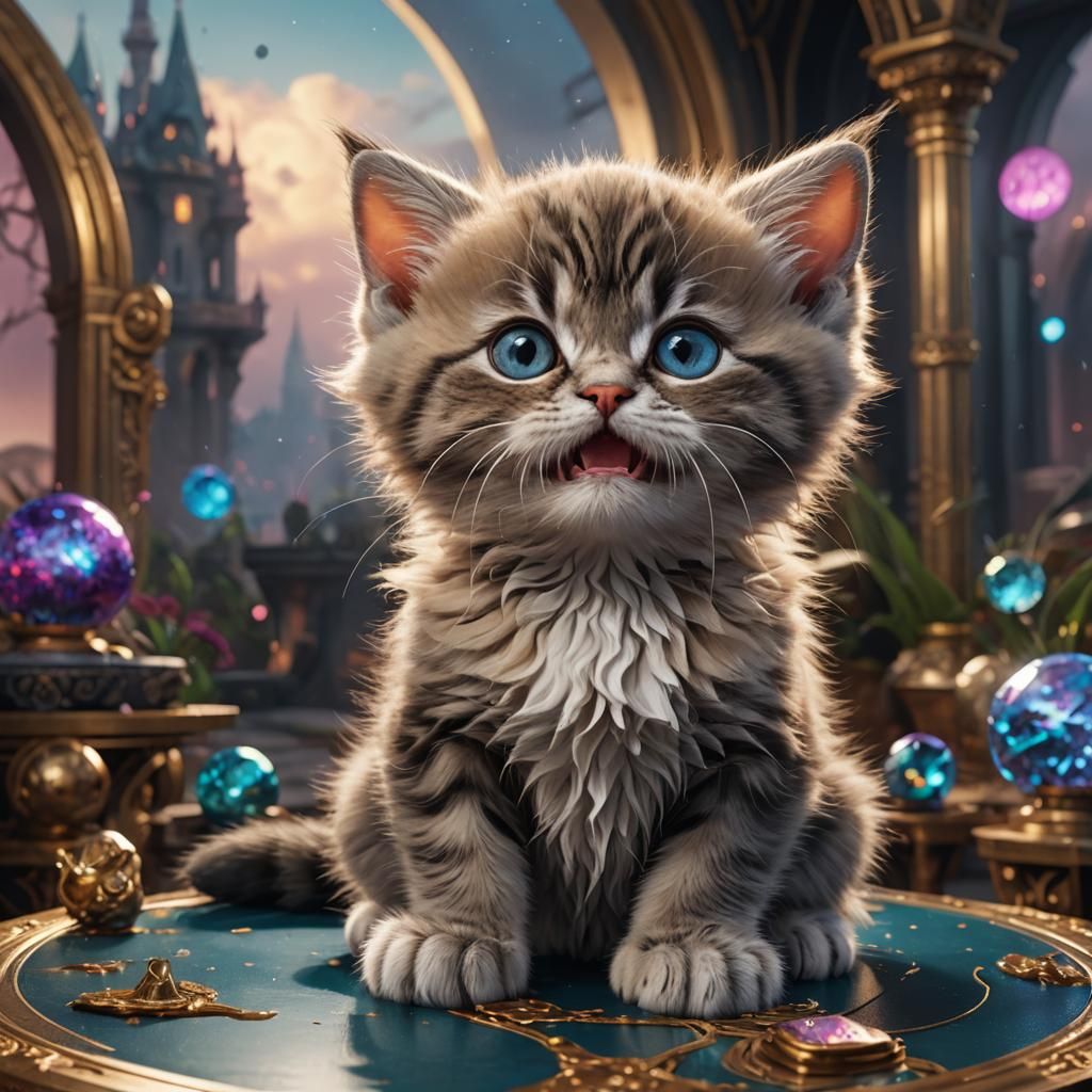 Cute Grumpy Fantasy Kitten in Modern Fantasy Land