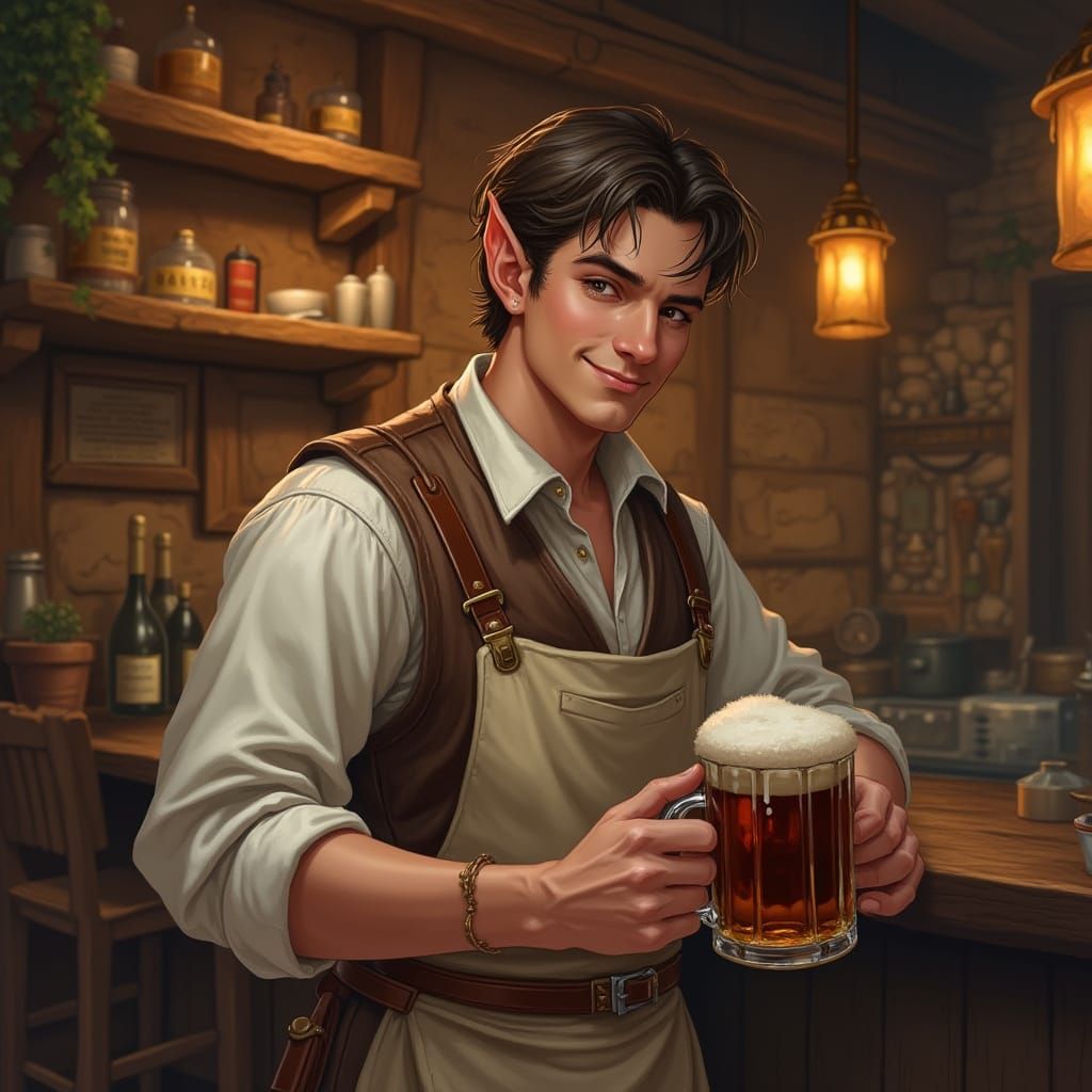 Handsome Elf Innkeeper in Cozy Tavern