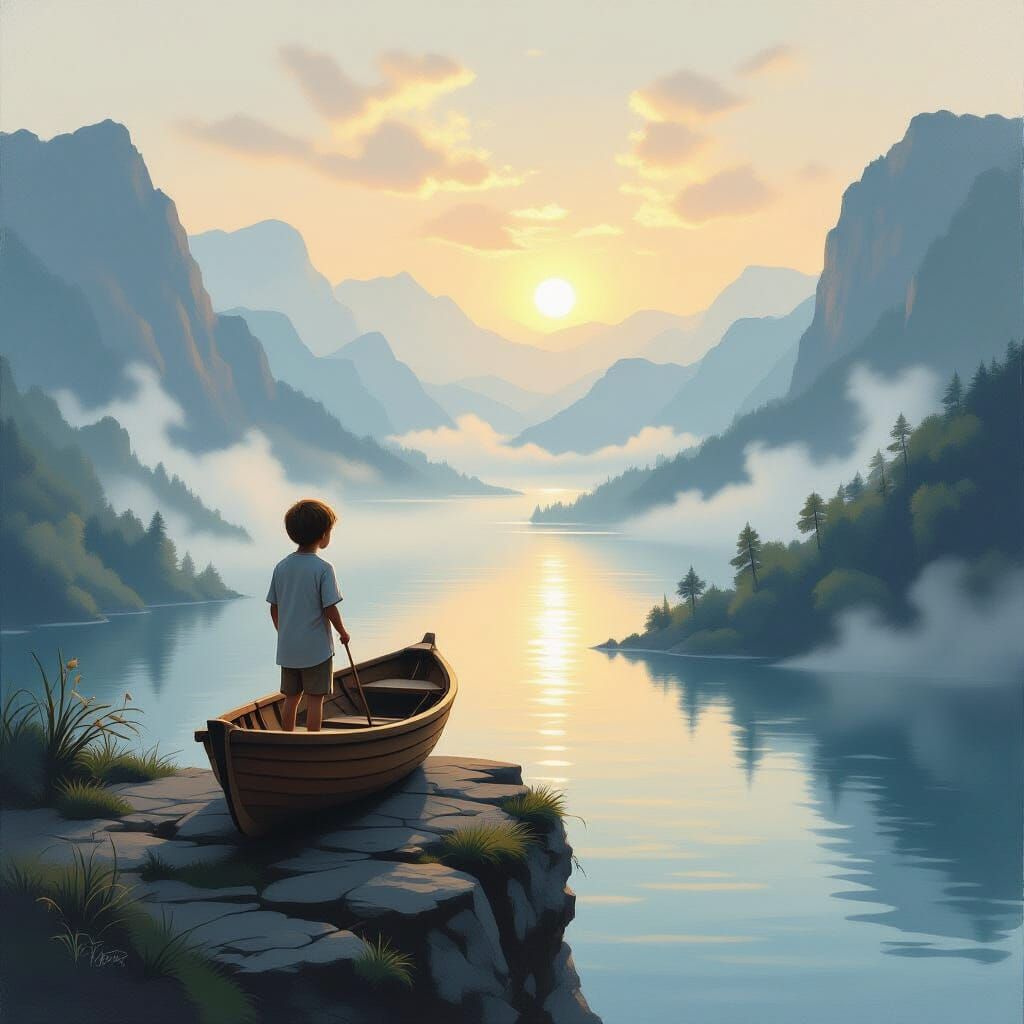 Boy with Wooden Boat on Cliff Overlooking Misty Valley at Da...