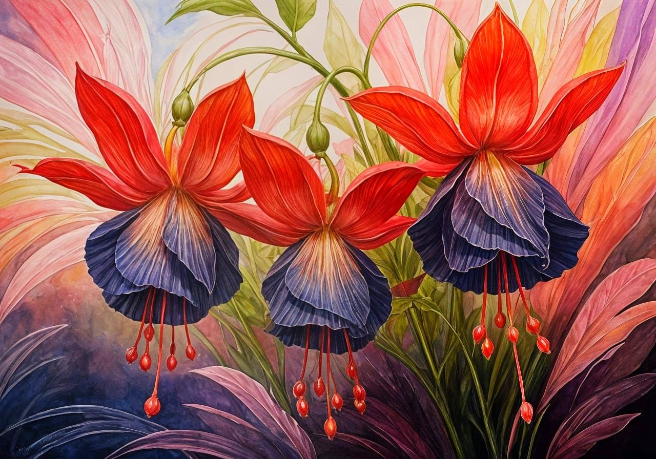 Illuminated Fuchsia Flowers in Gouache and Watercolor