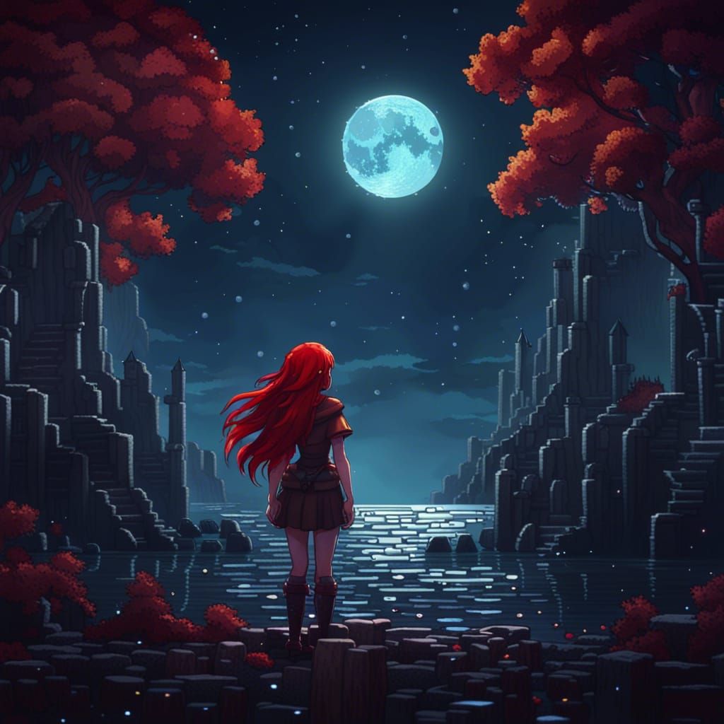 Ethereal Red-Haired Goddess Illuminated in Pixel Art