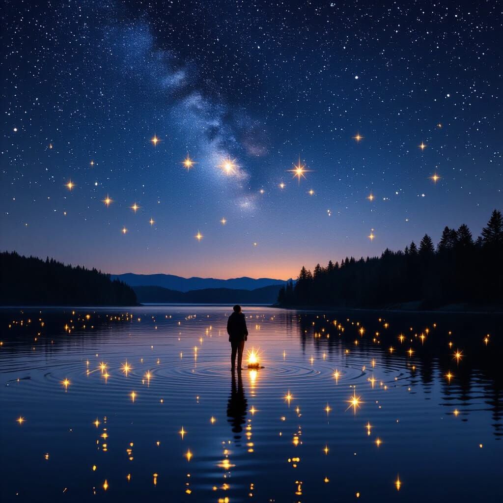 Starry Night Lakeside: Stars Like Firelight on Water