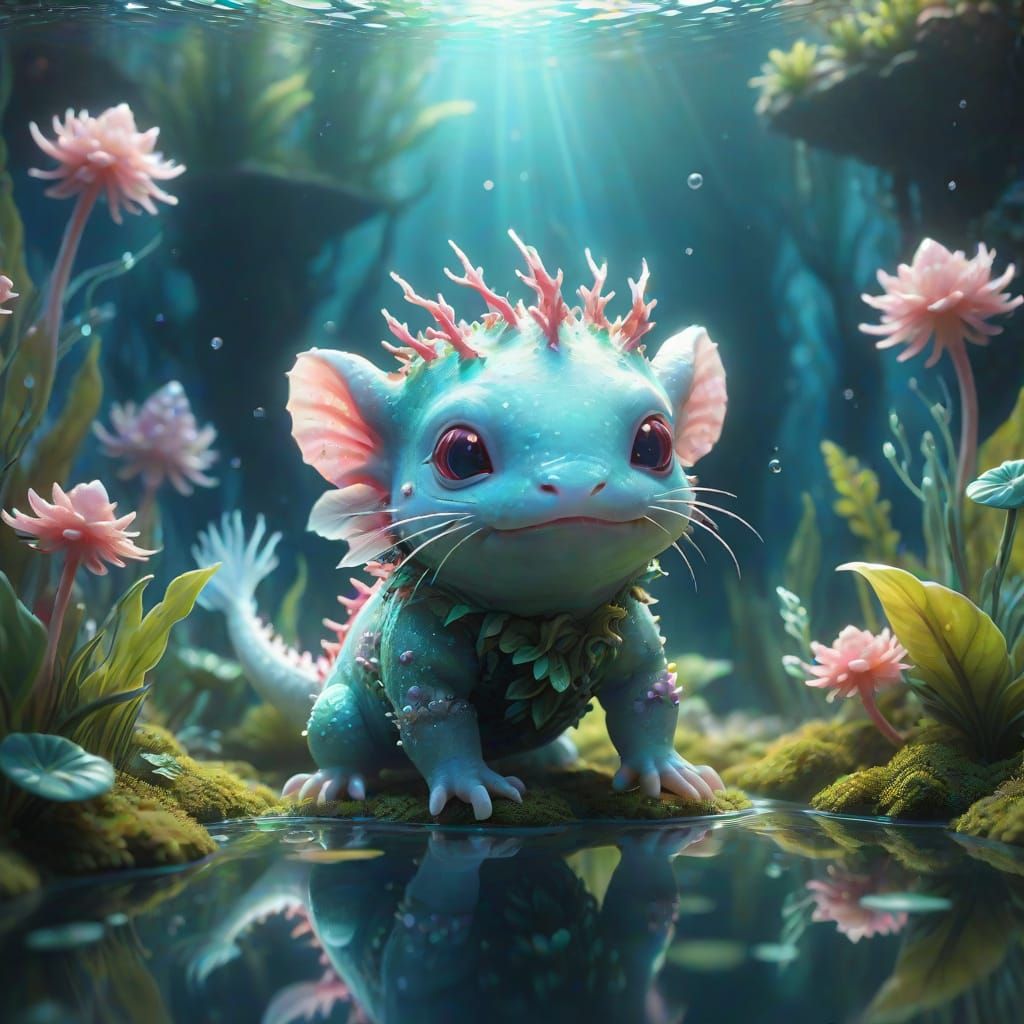 Mystical Axolotl in an Enchanted Underwater Realm