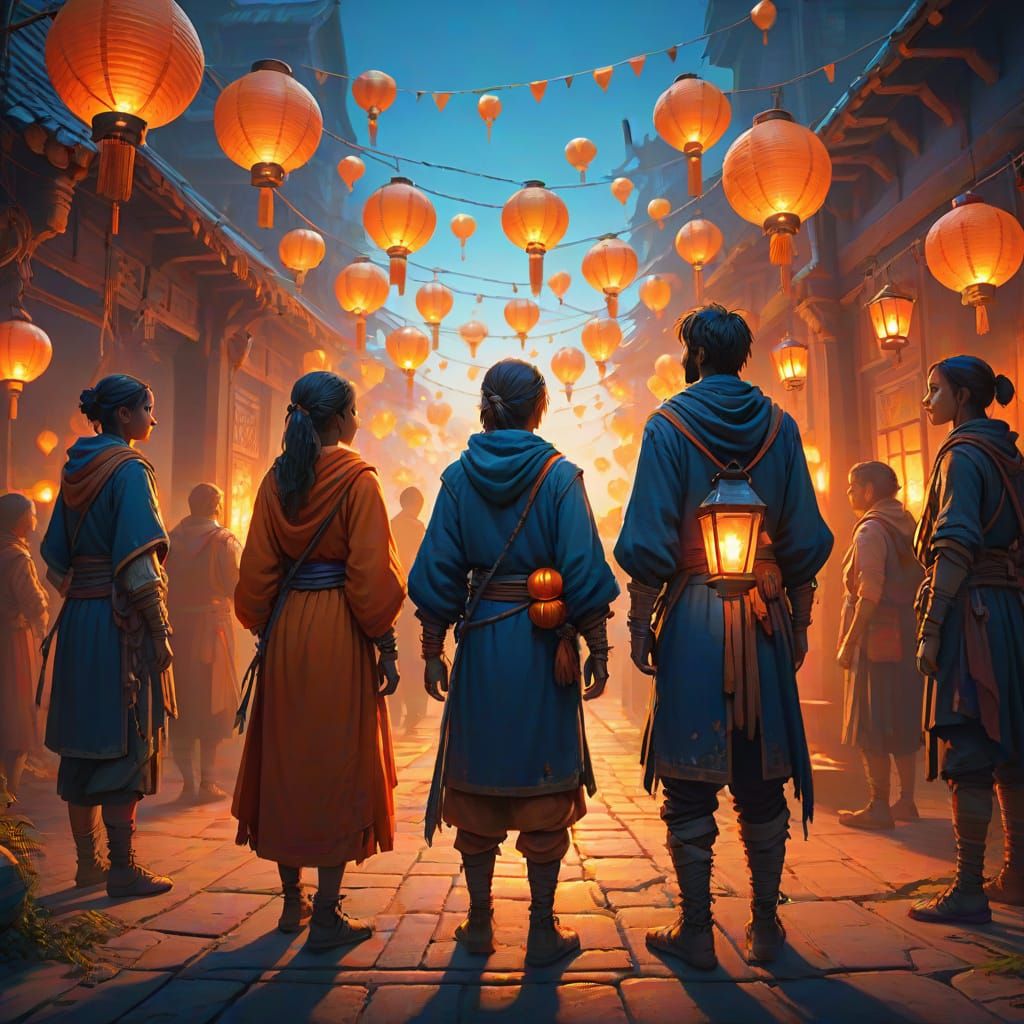 Fantasy Gathering at Sunrise: Oil Painting