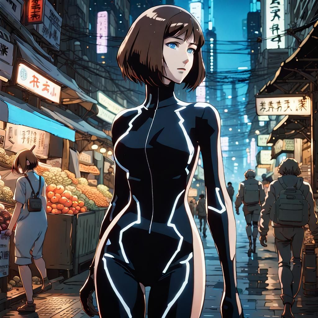 Cyberpunk Woman Strolls Street Market at Night