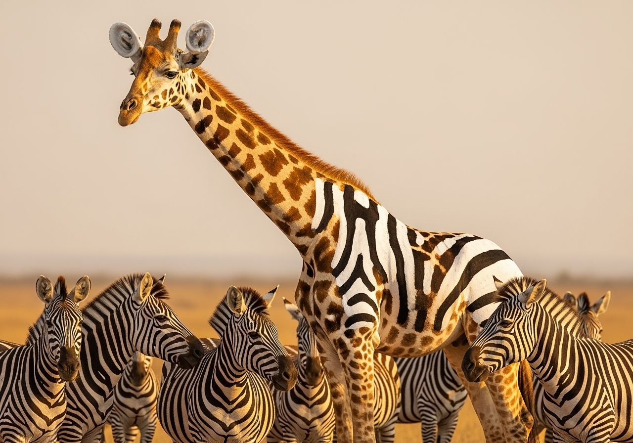 Giraffe Humorously Disguised as Zebra in Savanna