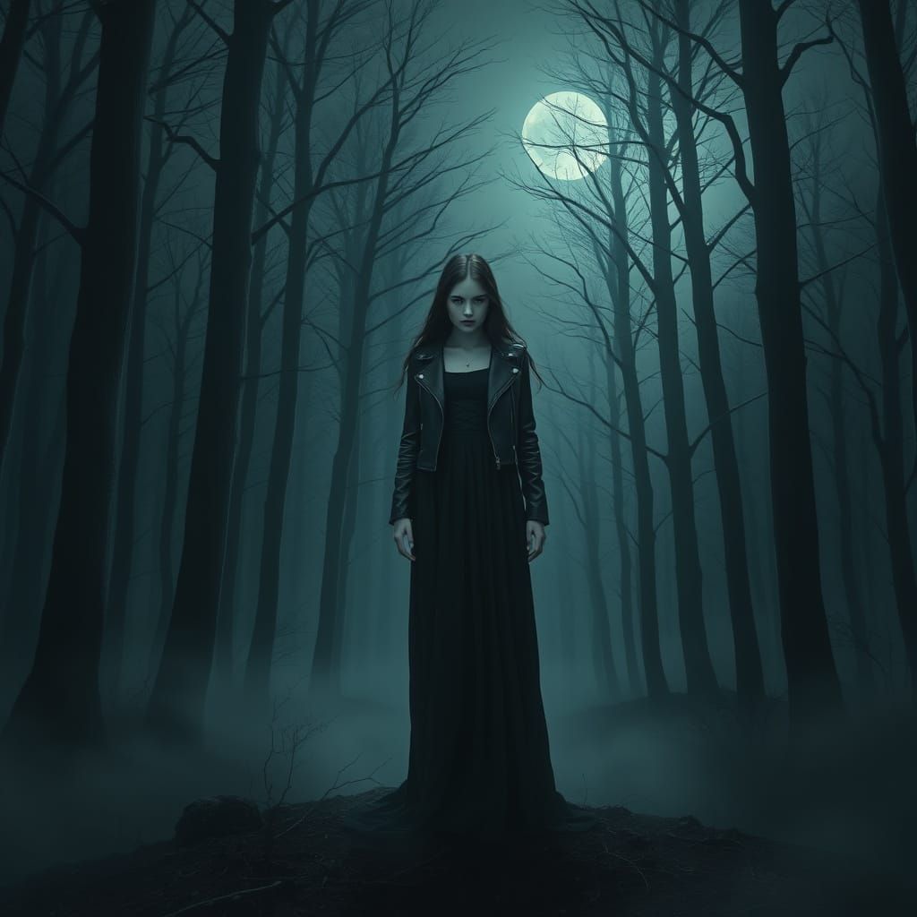 Gothic Girl in Moonlit Forest, Mystical Realism