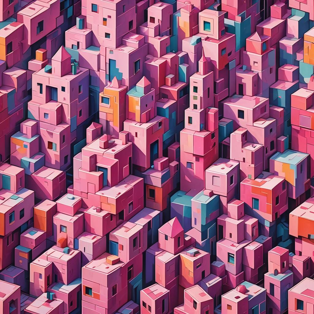 Geometric Cityscape in Vibrant Pink Hues
