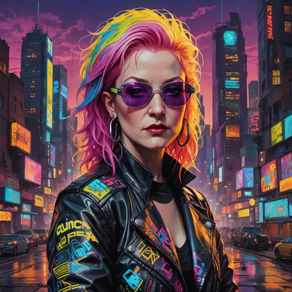 Cyberpunk Portrait of Cyndi Lauper in Neon-Lit Dystopia