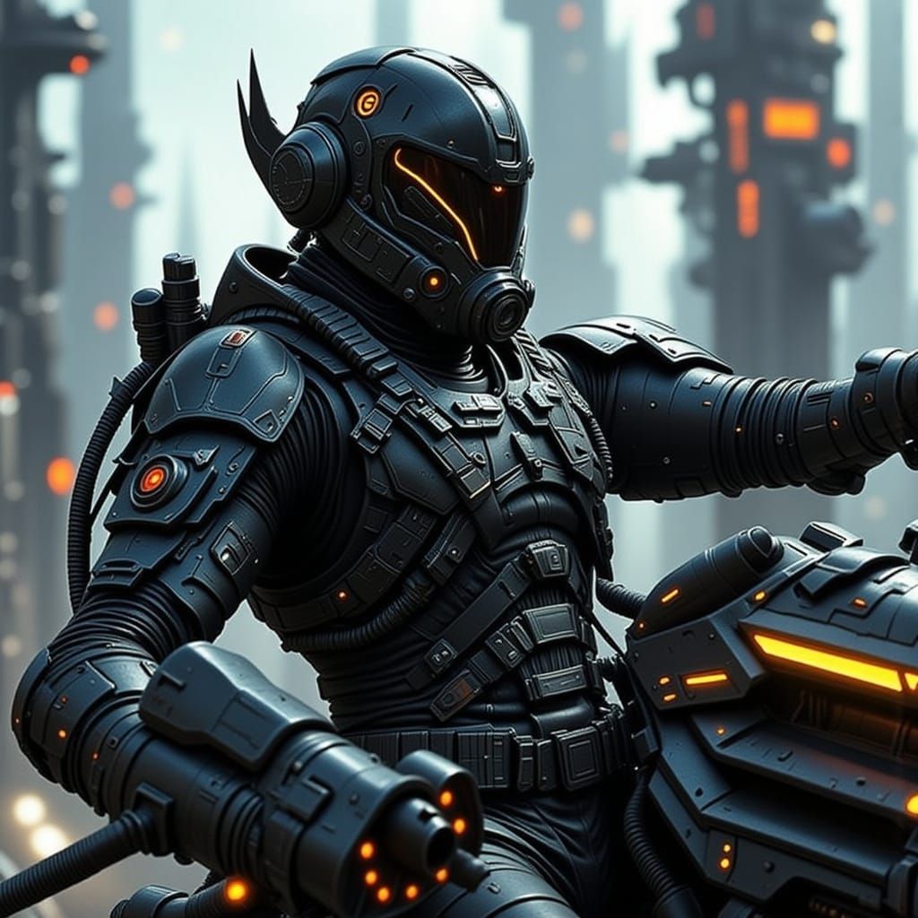 Futuristic Mercenary Piloting Flying War Vehicle