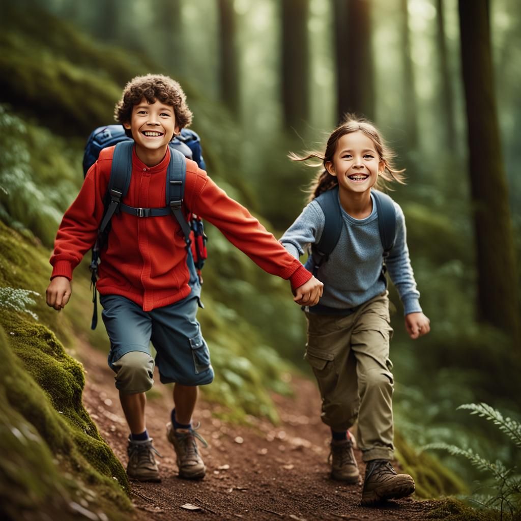 Siblings Share Joyful Moment on Hiking Adventure in Forest