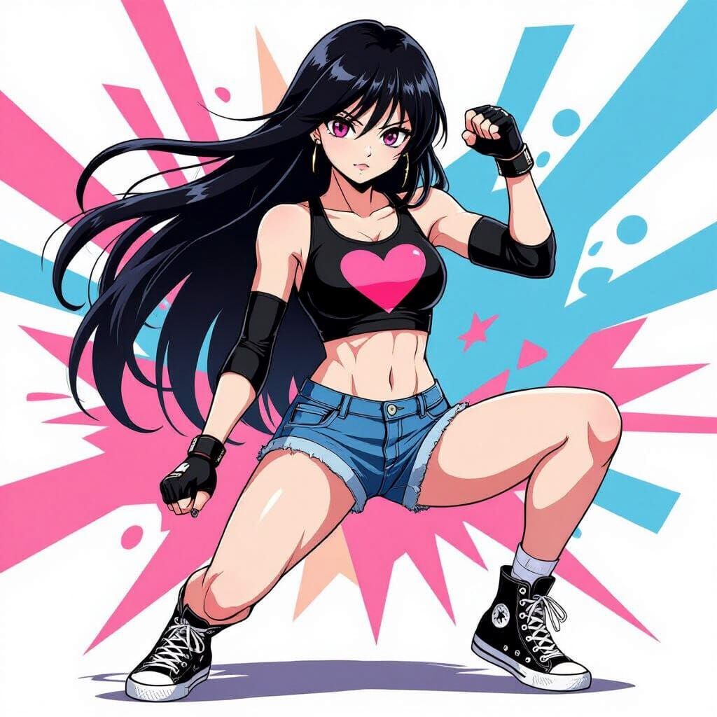 Anime Wrestler with Pink Heart Emblem in Dynamic Pose