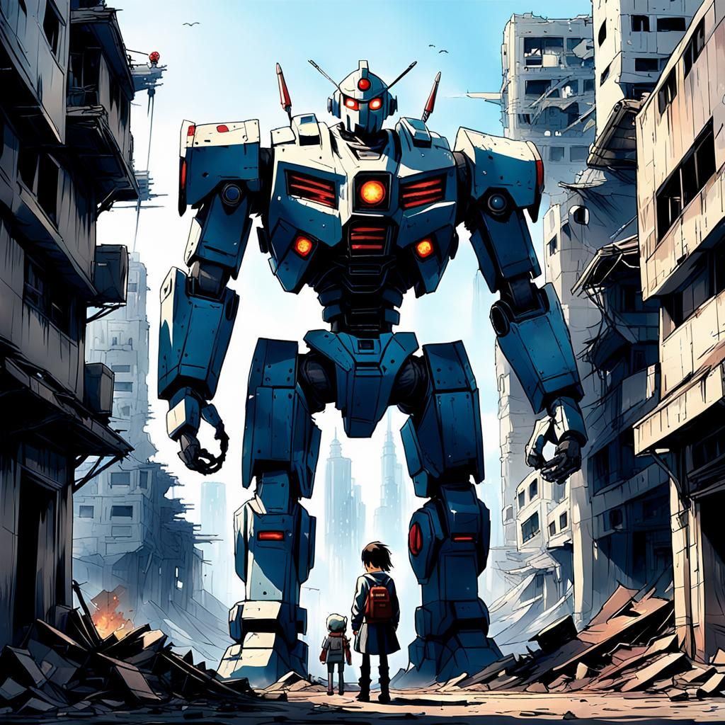 Cyberpunk Giant Robot Stands Beside Its Brave Pilot in a Pos...
