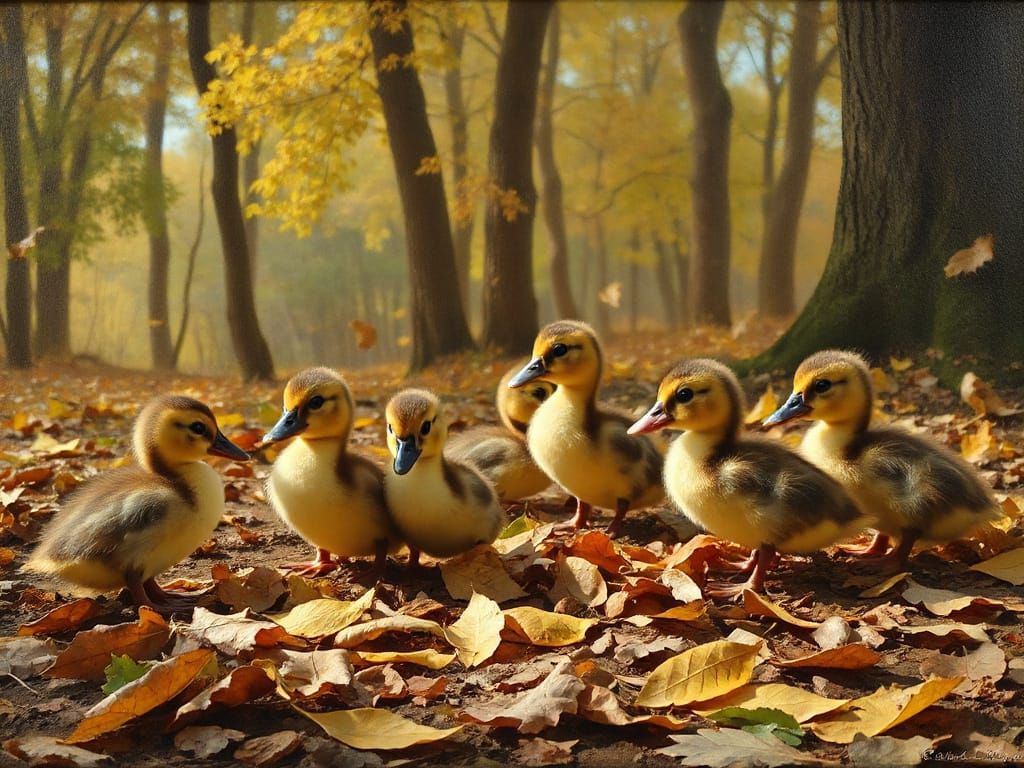 Adorable Ducklings Play in Autumn Forest Leaves