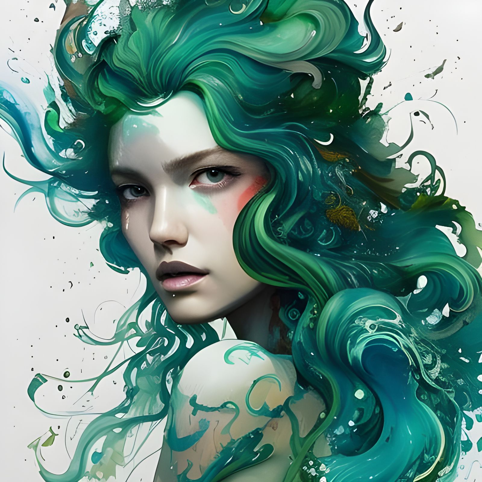 Surreal Goddess with Wild Green Hair in a Whimsical Watercol...