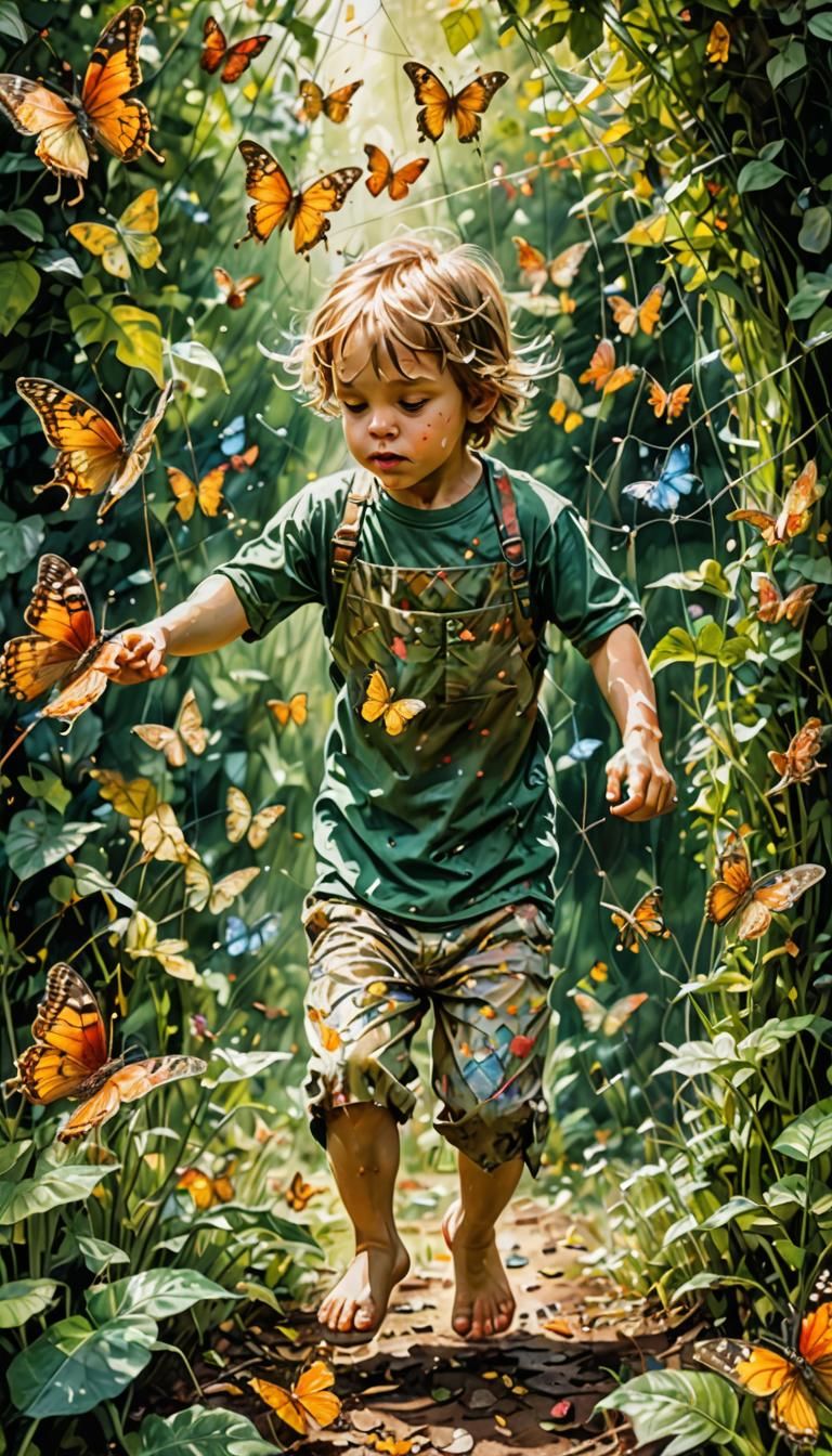 a young child tries to catch butterflies with a net in a summer garden, fantasy by Alex Ross and Carne Griffiths, Lou Xa...