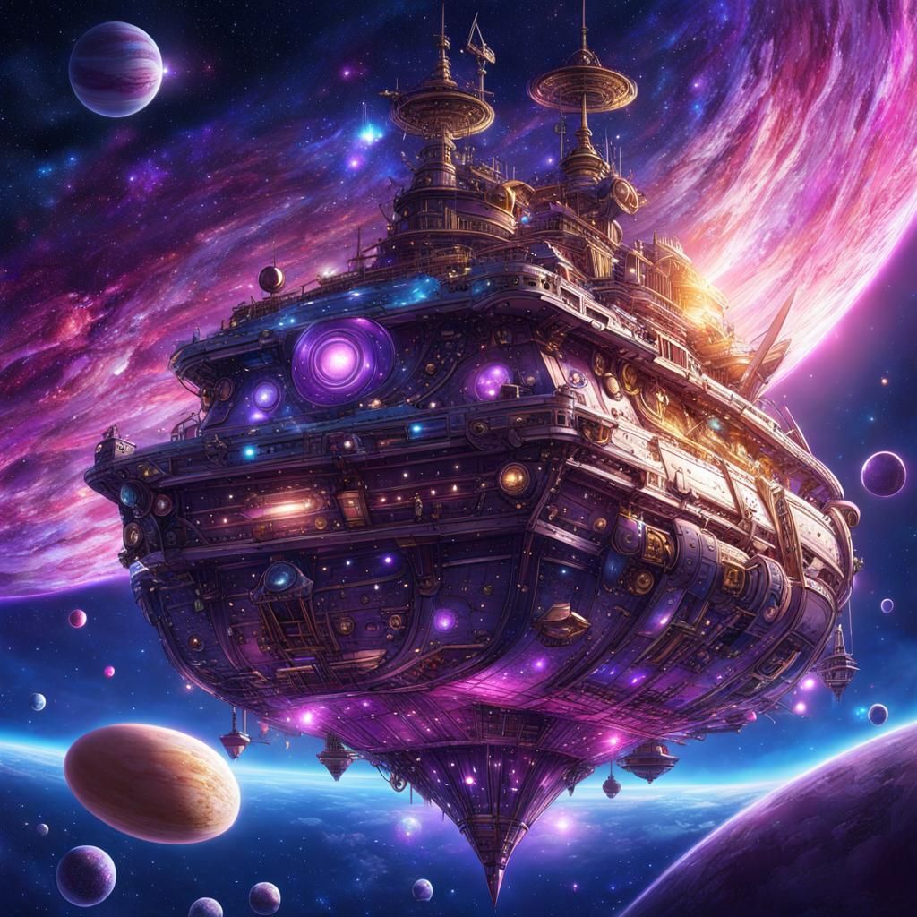 Cyberpunk Space Pirate Ship in a Vibrant, Glittering Galaxy