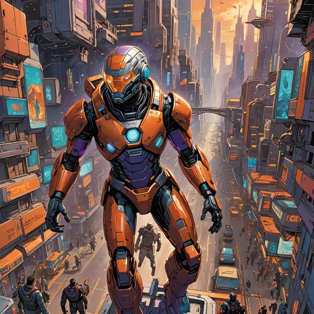 Android Interacts with Human in Vibrant Futuristic City