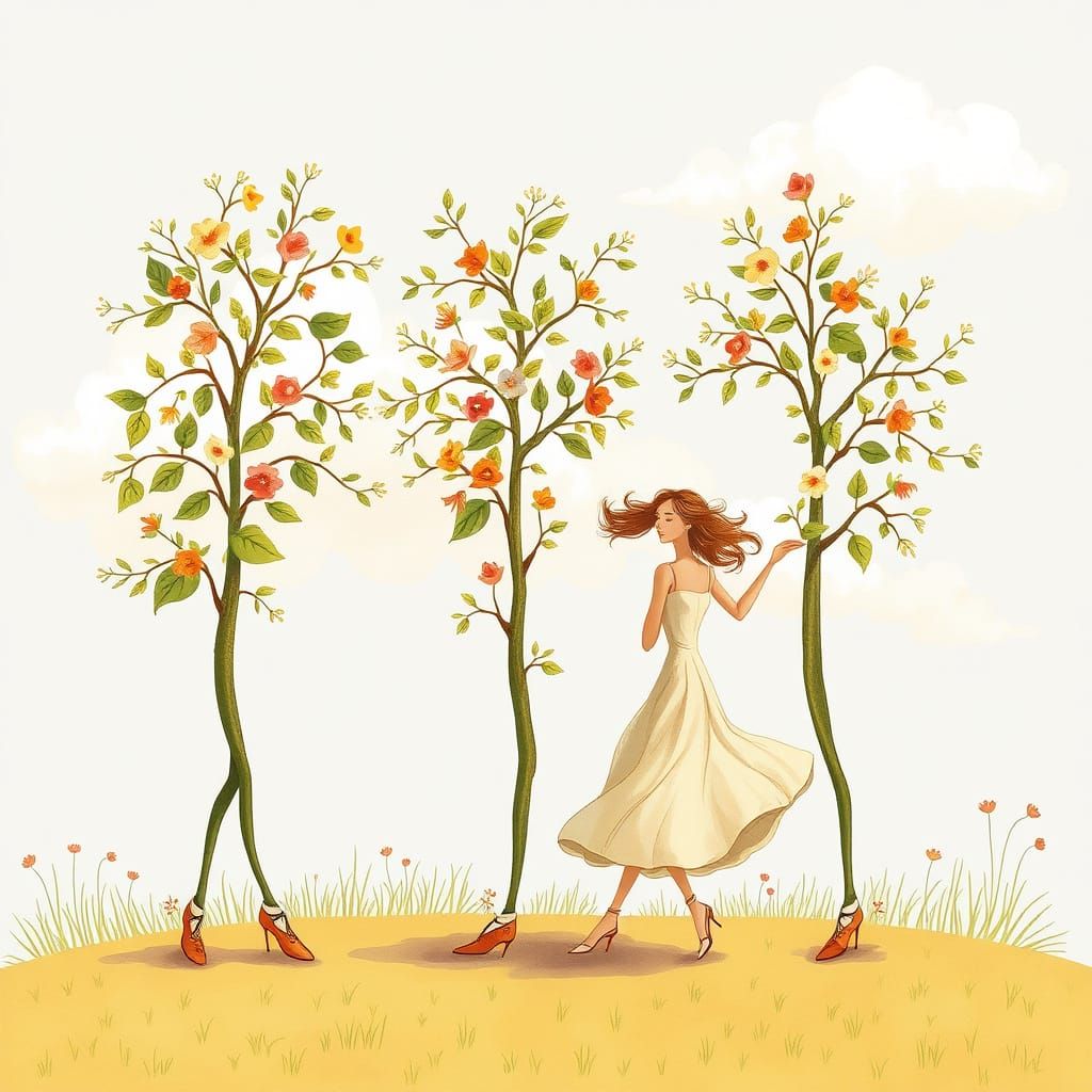 Trees Dance with a Whimsical Woman in a Sunny Garden Scene