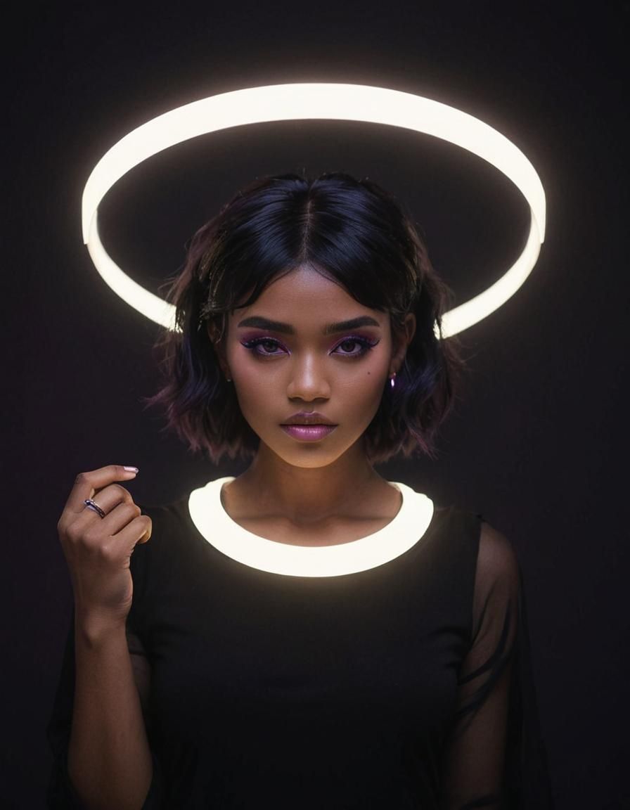 Neon Haloed Woman in Retro Futuristic Style