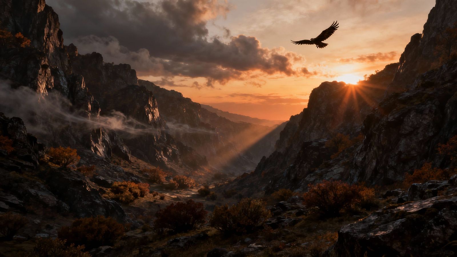 Autumn Valley at Sunset with Soaring Bird of Prey