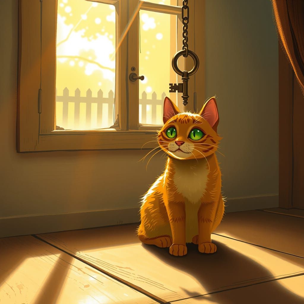 Ginger Cat Plays with Vintage Key in Dappled Sunlight