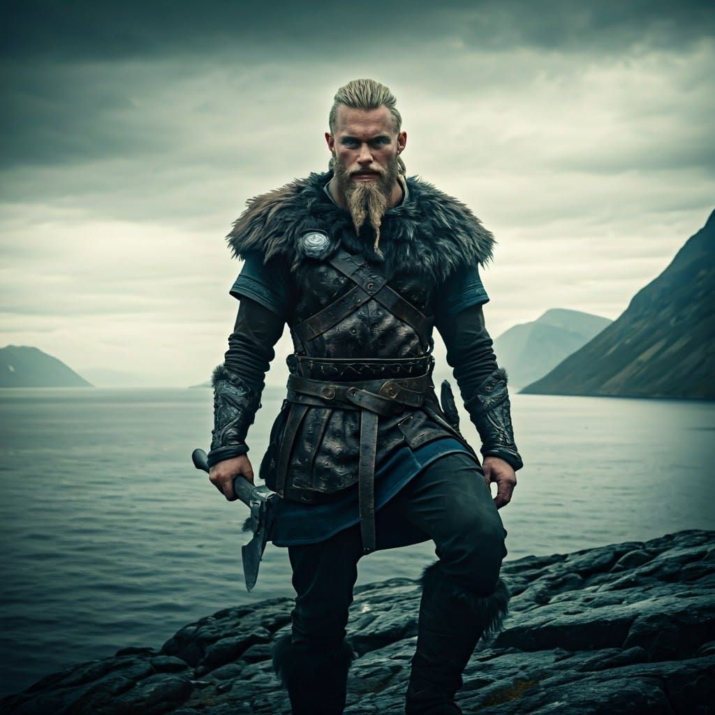 A Viking Warrior Stands Heroic on Rocky Cliffside