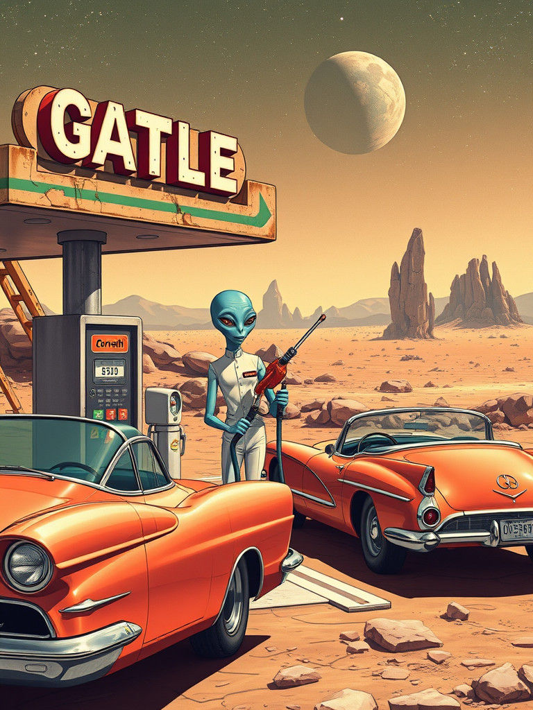 Retro-Futuristic Gas Station on a Deserted Asteroid